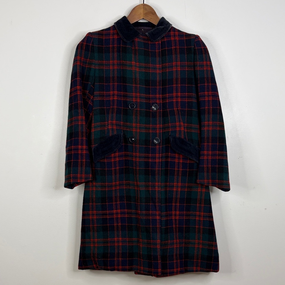 Vintage Holt Renfrew Coat Girls 12 14 Green Red Tartan Plaid Wool Overcoat